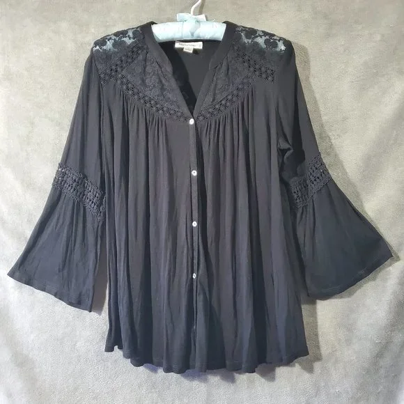 John Paul Richard Button Down Boho Bell Sleeve Overshirt w/Lace Black S - Picture 1 of 9